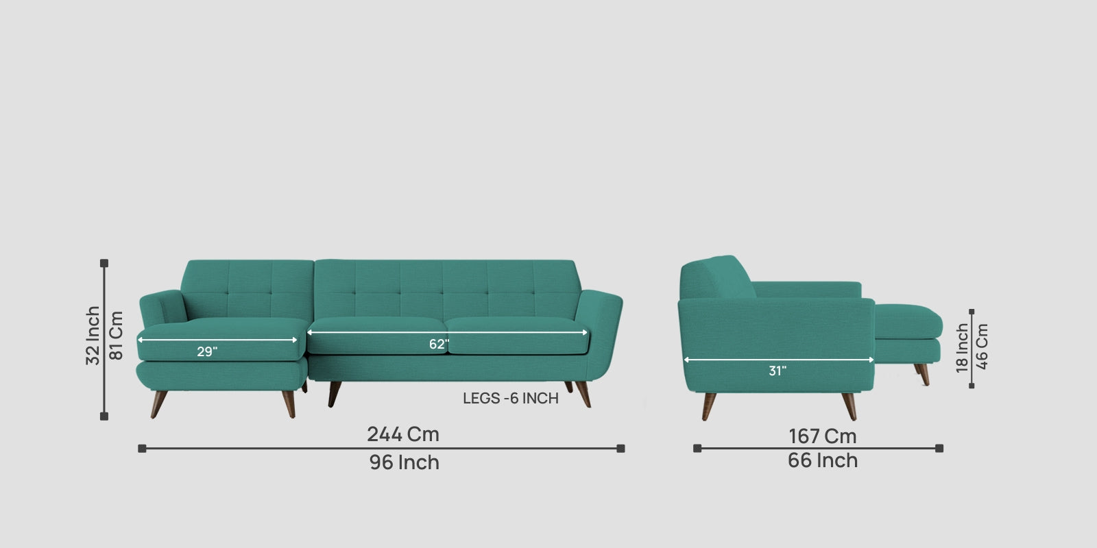 Jasmin Fabric RHS Sectional Sofa (3+ Lounger) In Sea Green Colour - Febonic Living