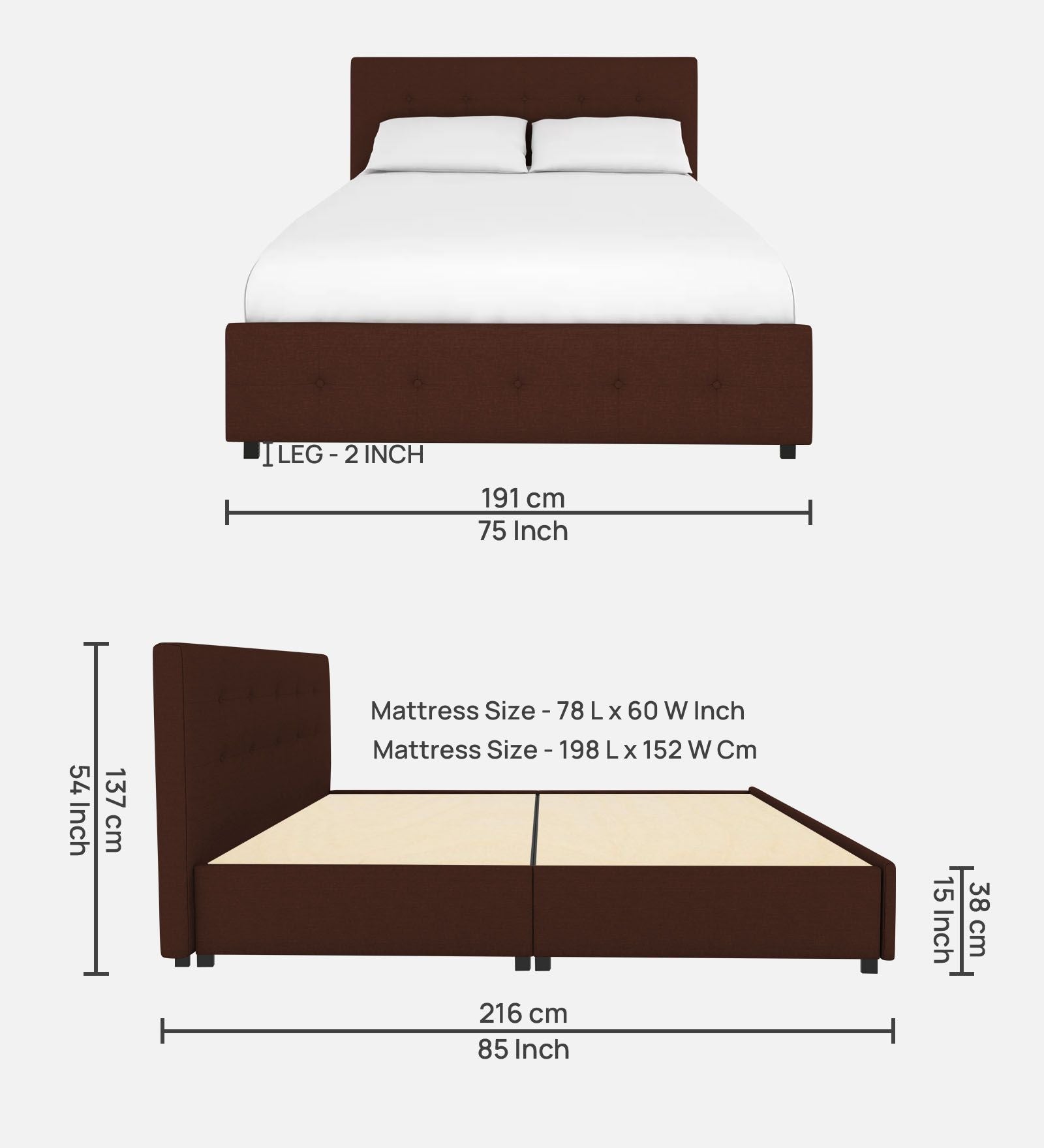 Lido Fabric Queen Size Bed In Coffee Brown Colour With Drawer Storage - Febonic Living