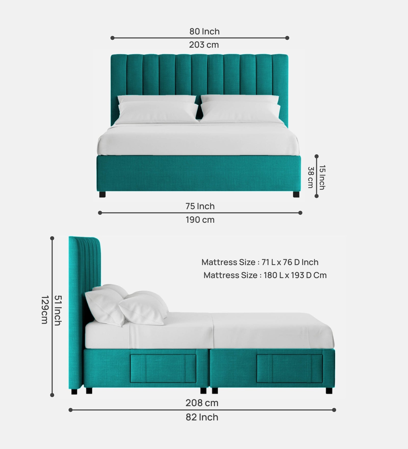 Nivi Fabric King Size Bed In Sea Green Colour With Drawer Storage