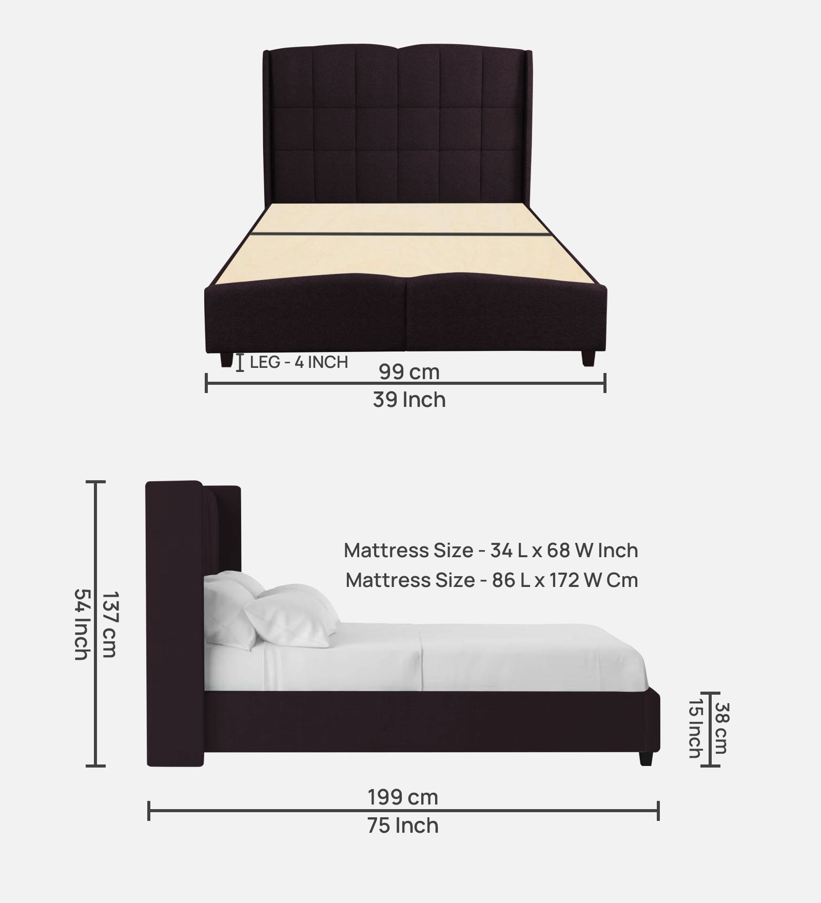 Jovi Velvet Single Size Bed In Dark Brown Colour - Febonic Living