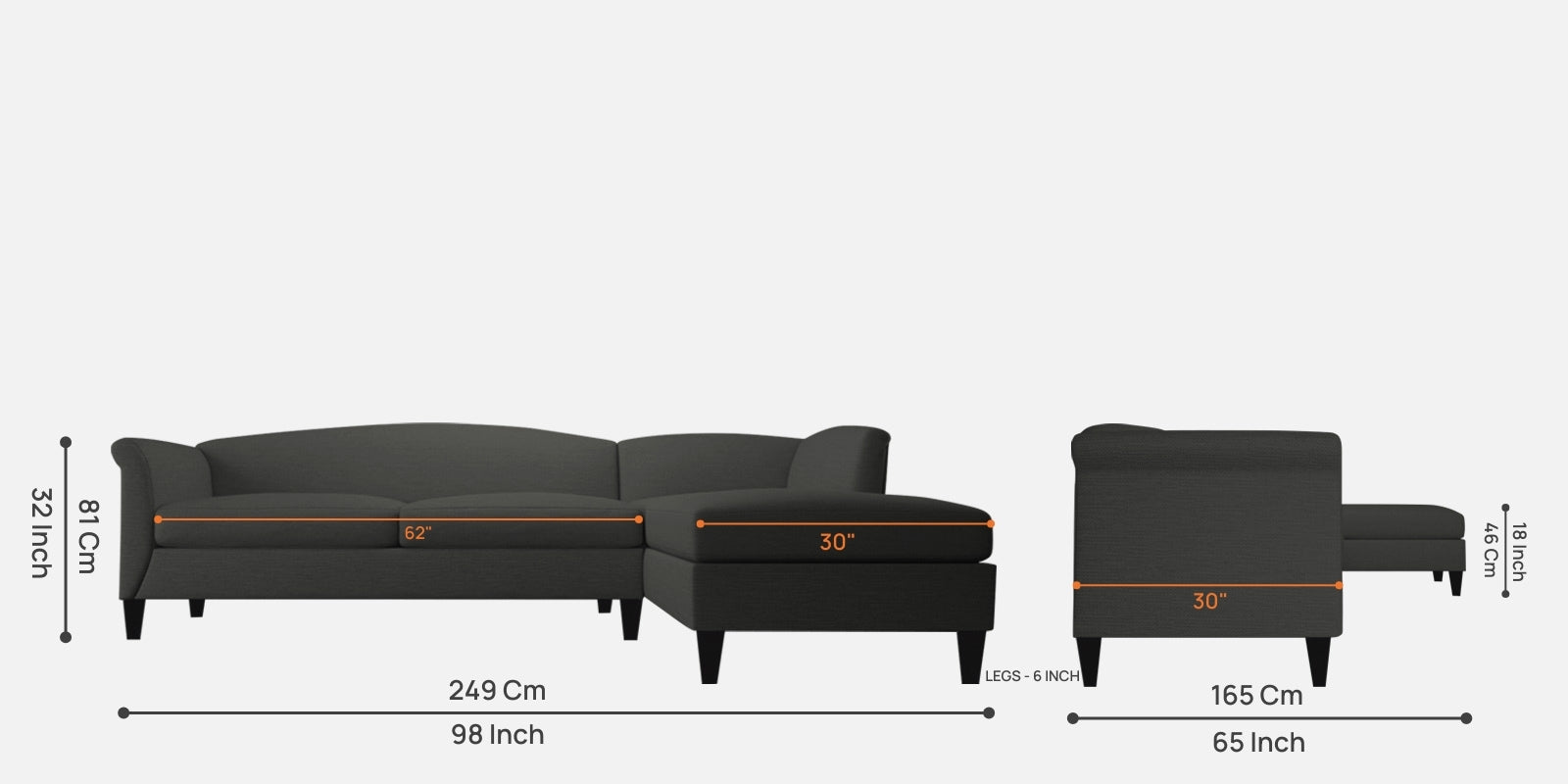 Kimber Fabric LHS Sectional Sofa (3+Lounger) In Charcoal Grey Colour - Febonic Living