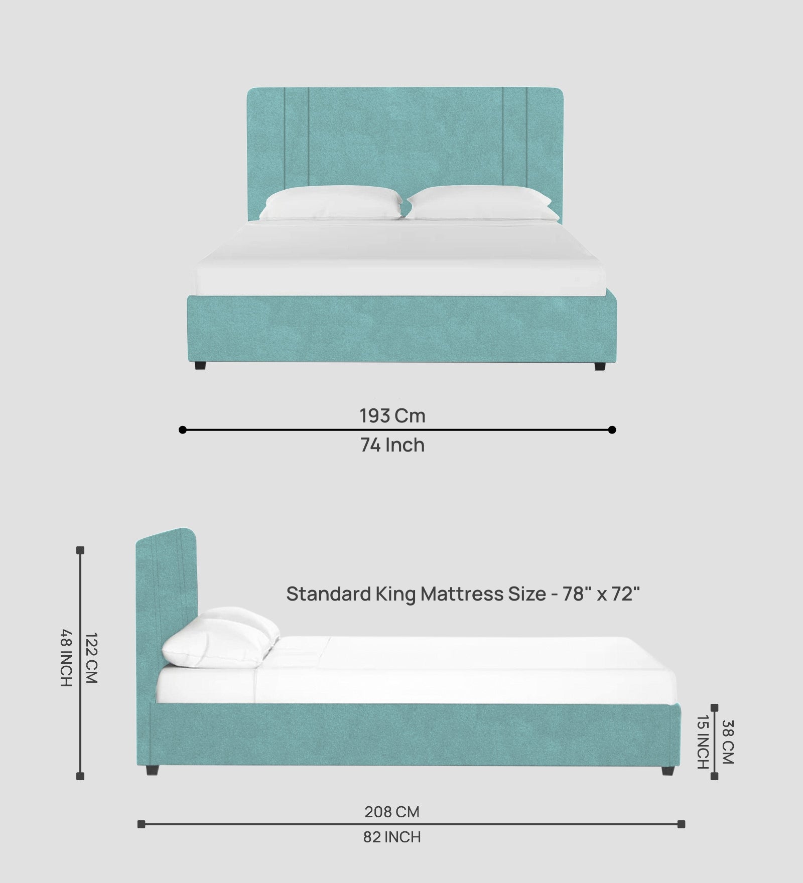 Asyra Velvet King Size Bed in Barmunda Aqua Colour With Box Storage - Febonic Living