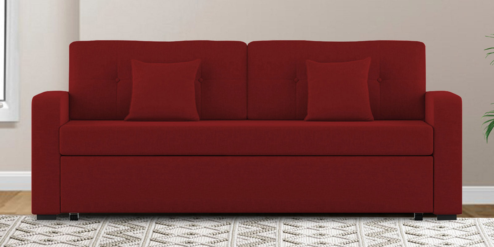 Rocky Fabric 3 Seater Pull Out Sofa Cum Bed In Blood Maroon Colour With Storage - Febonic Living