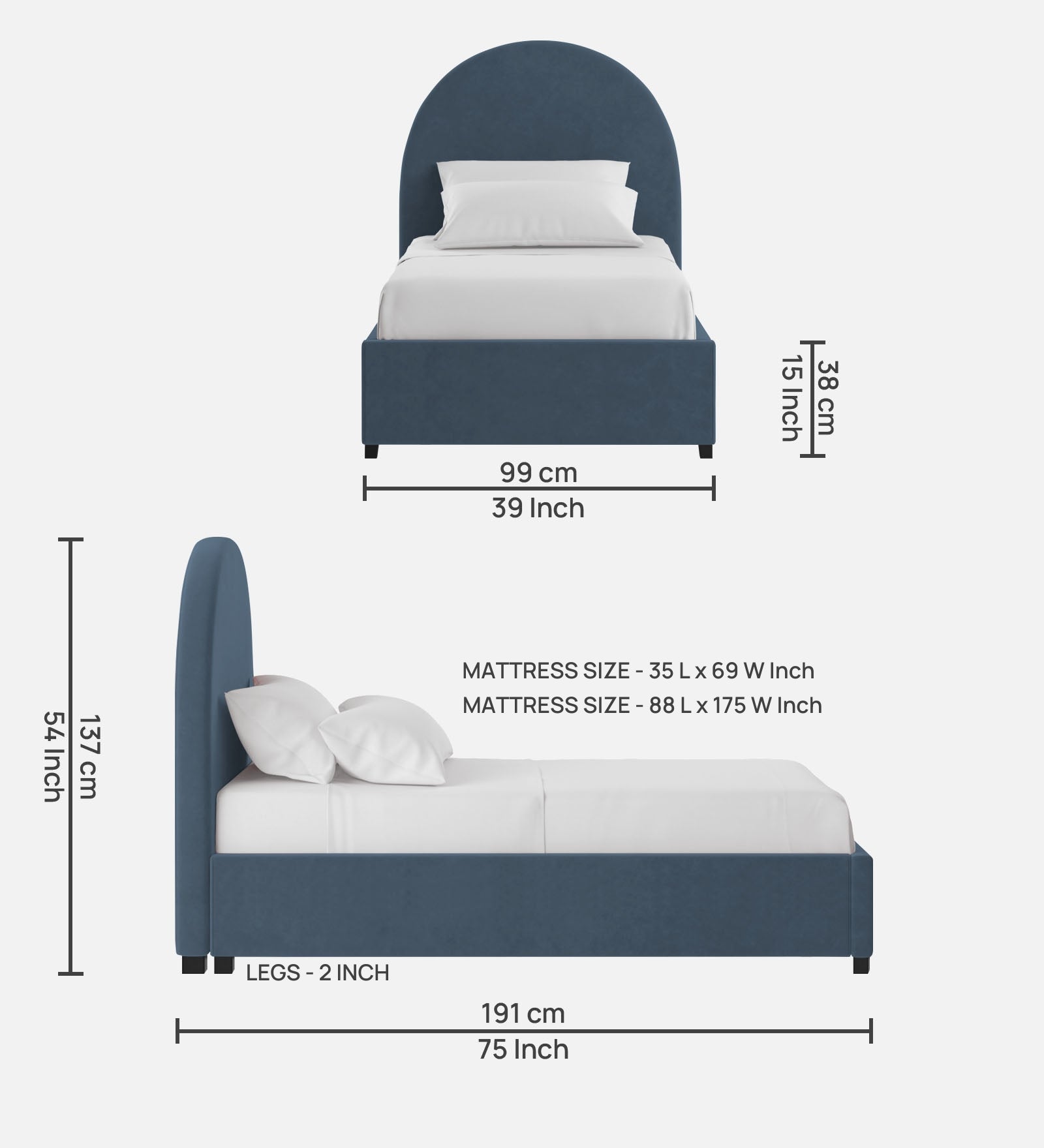 Maro Velvet Single Size Bed In Oxford Blue Colour - Febonic Living