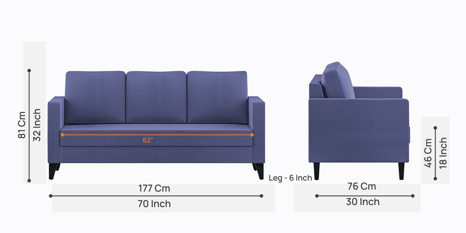 Nori Fabric 3 Seater Sofa In Slate Blue Colour - Febonic Living