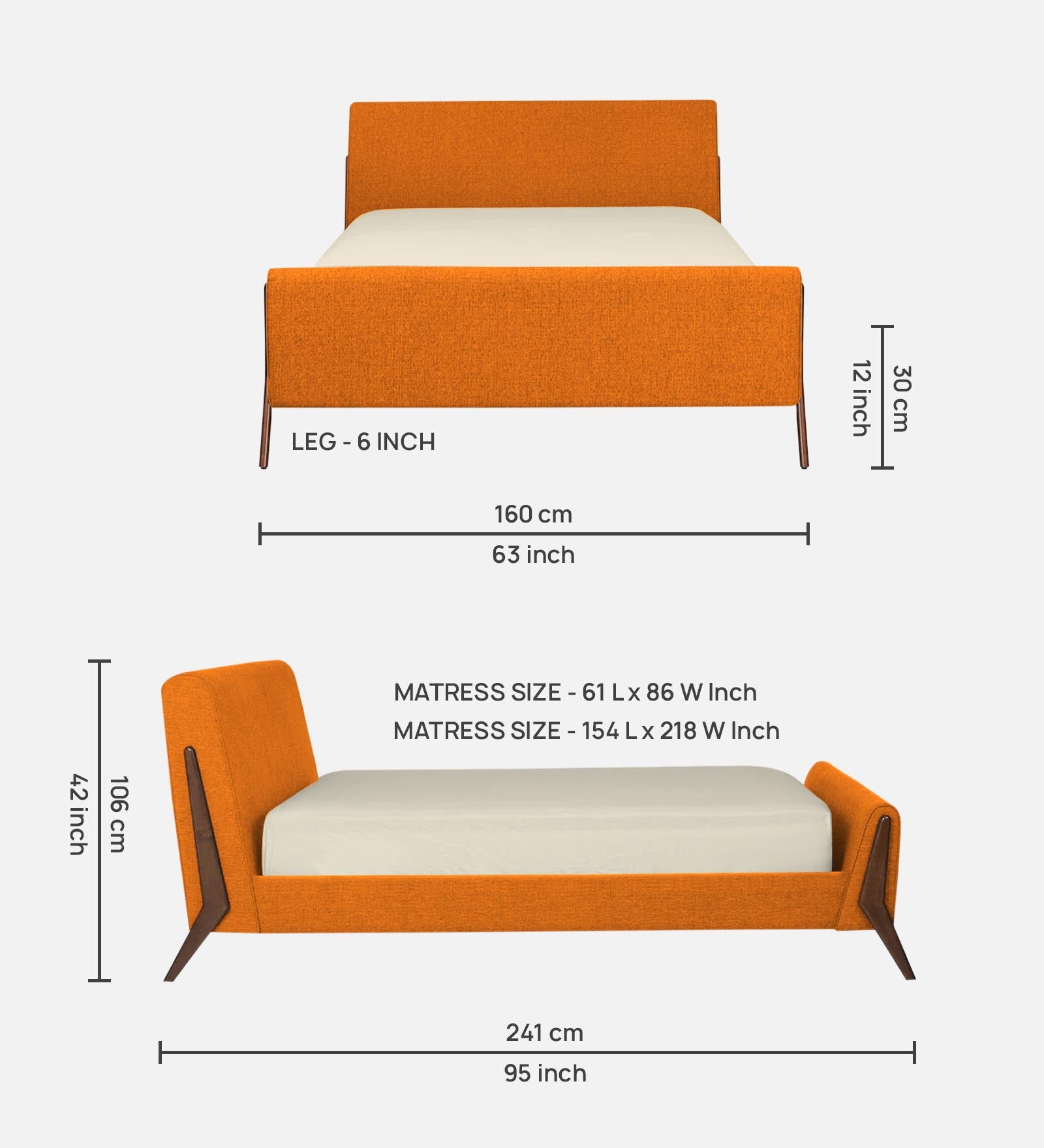 Catla Fabric Queen Size Bed In Vivid Orange Colour - Febonic Living