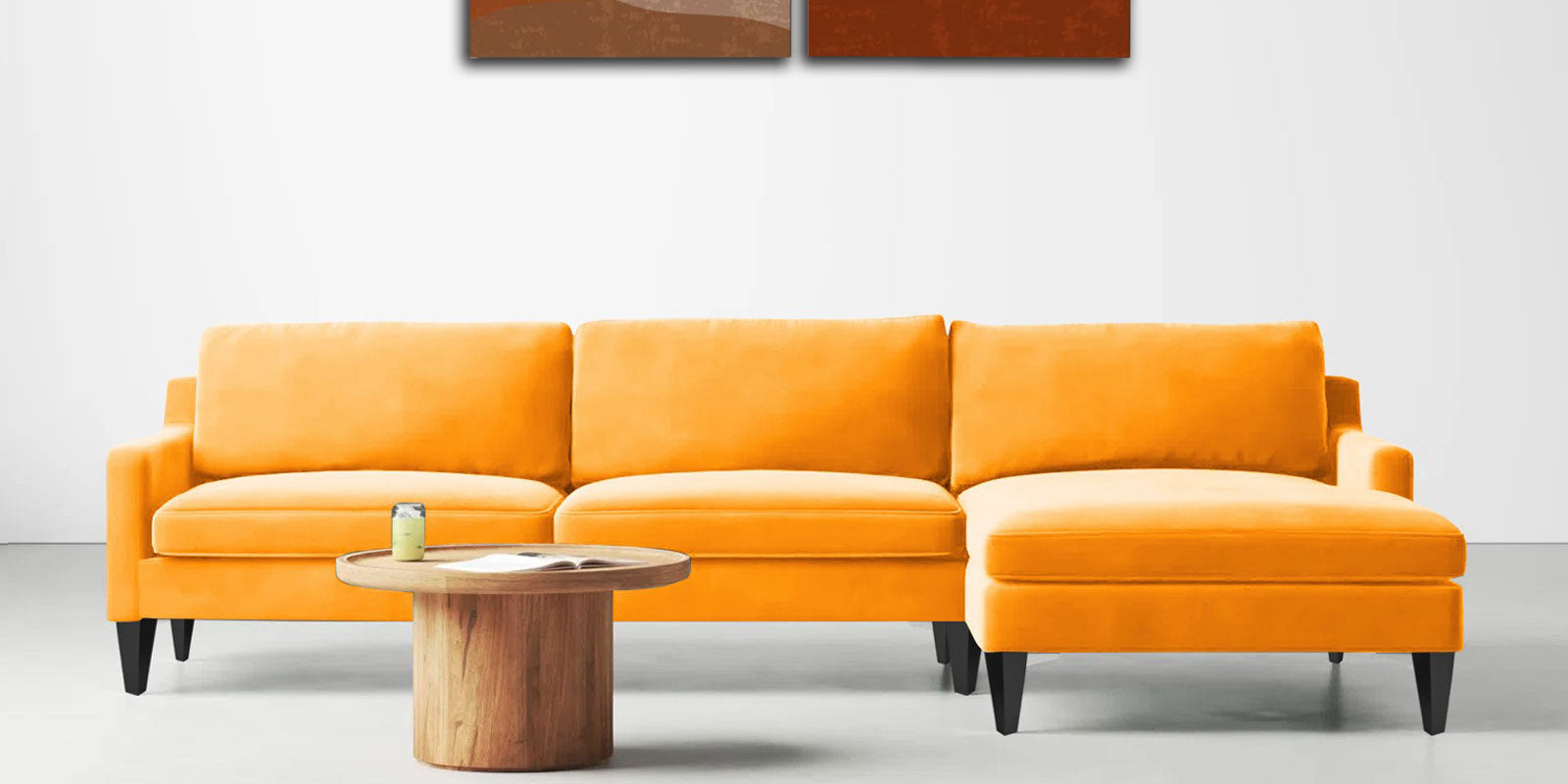 Jones Velvet LHS Sectional Sofa (3+Lounger) In Saffron yellow Colour - Febonic Living