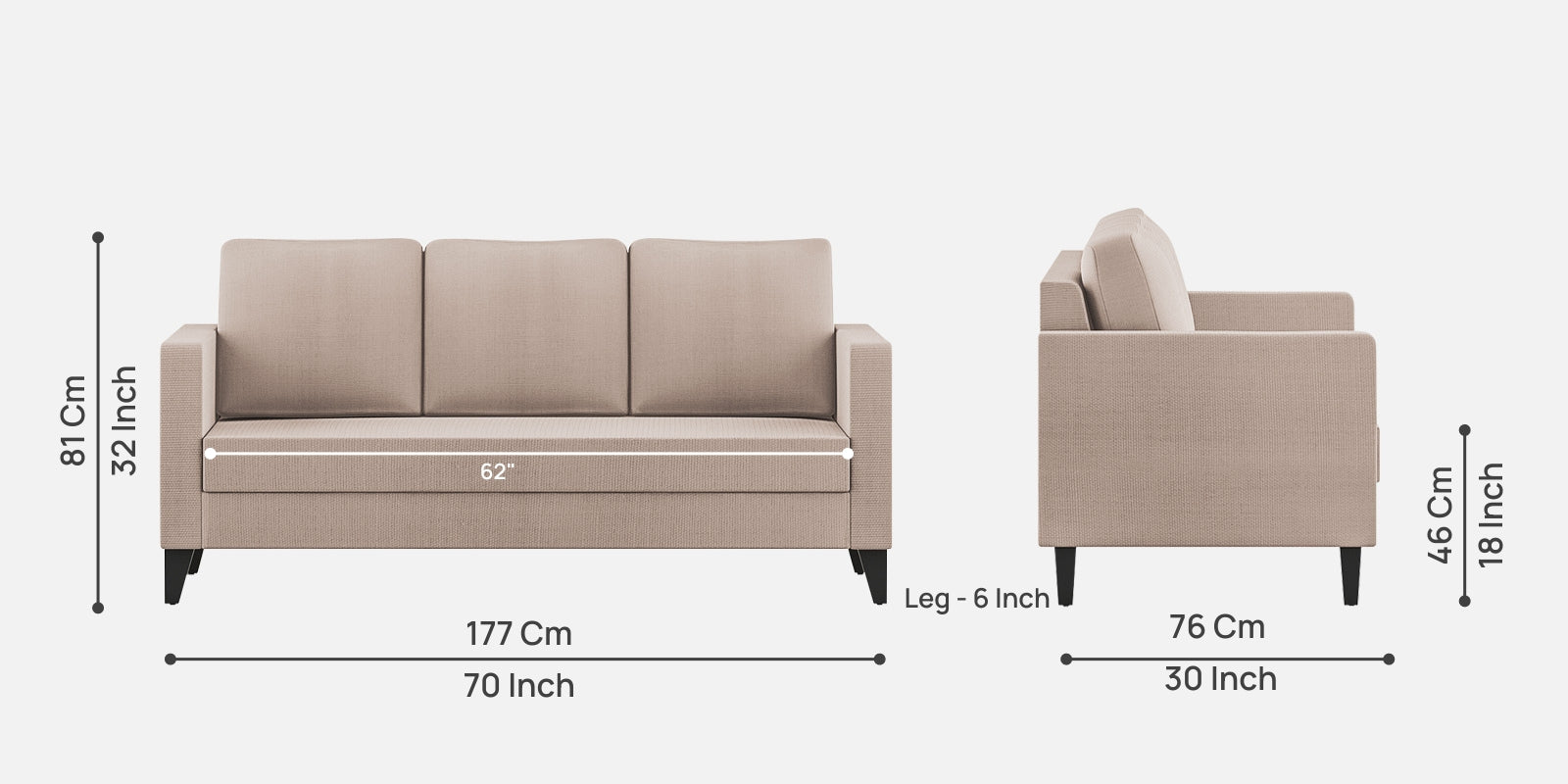 Nori Fabric 3 Seater Sofa In Kadhi Beige Colour - Febonic Living