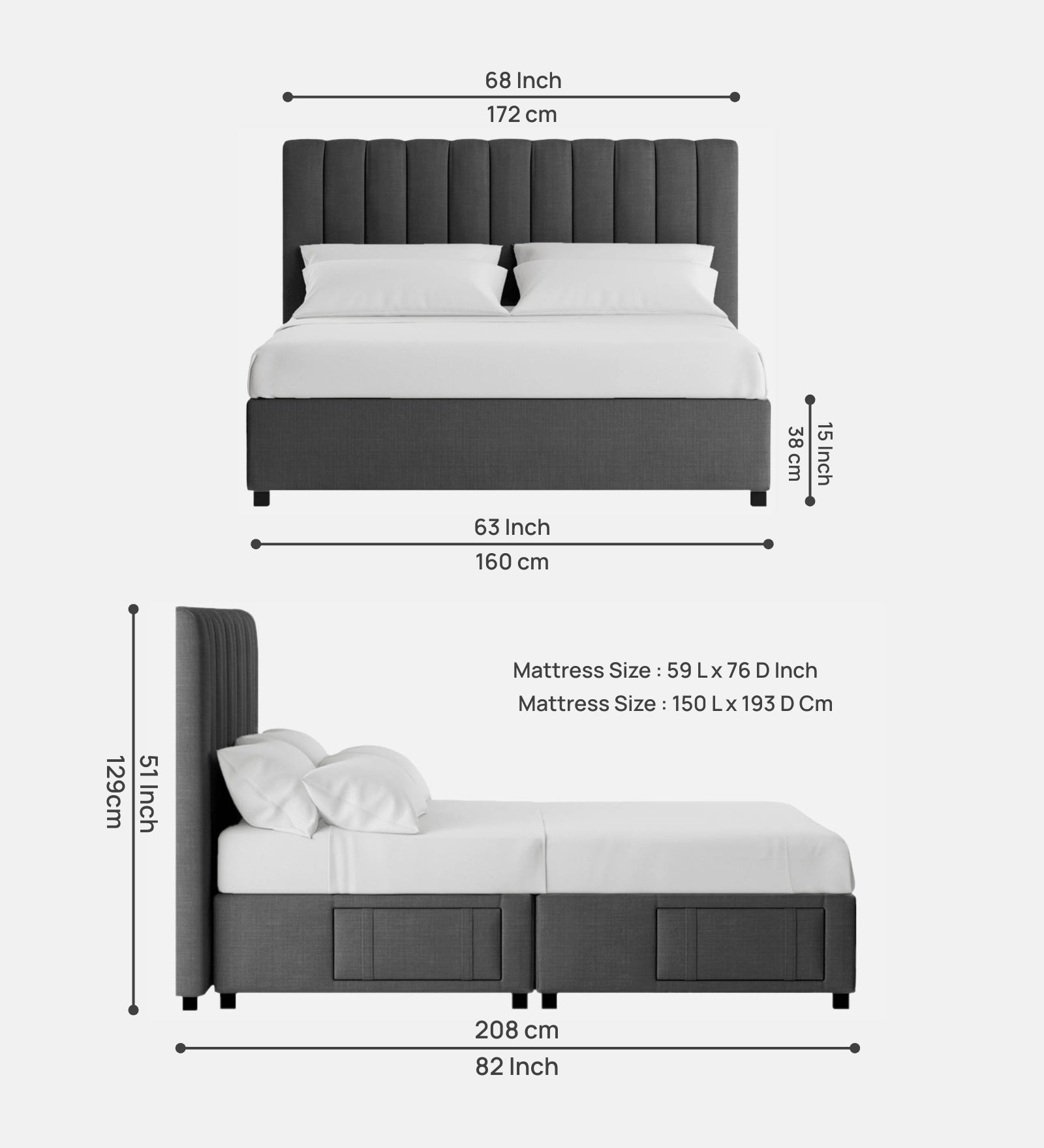 Nivi Fabric Queen Size Bed in Charcoal Grey Colour with Drawer Storage - Febonic Living