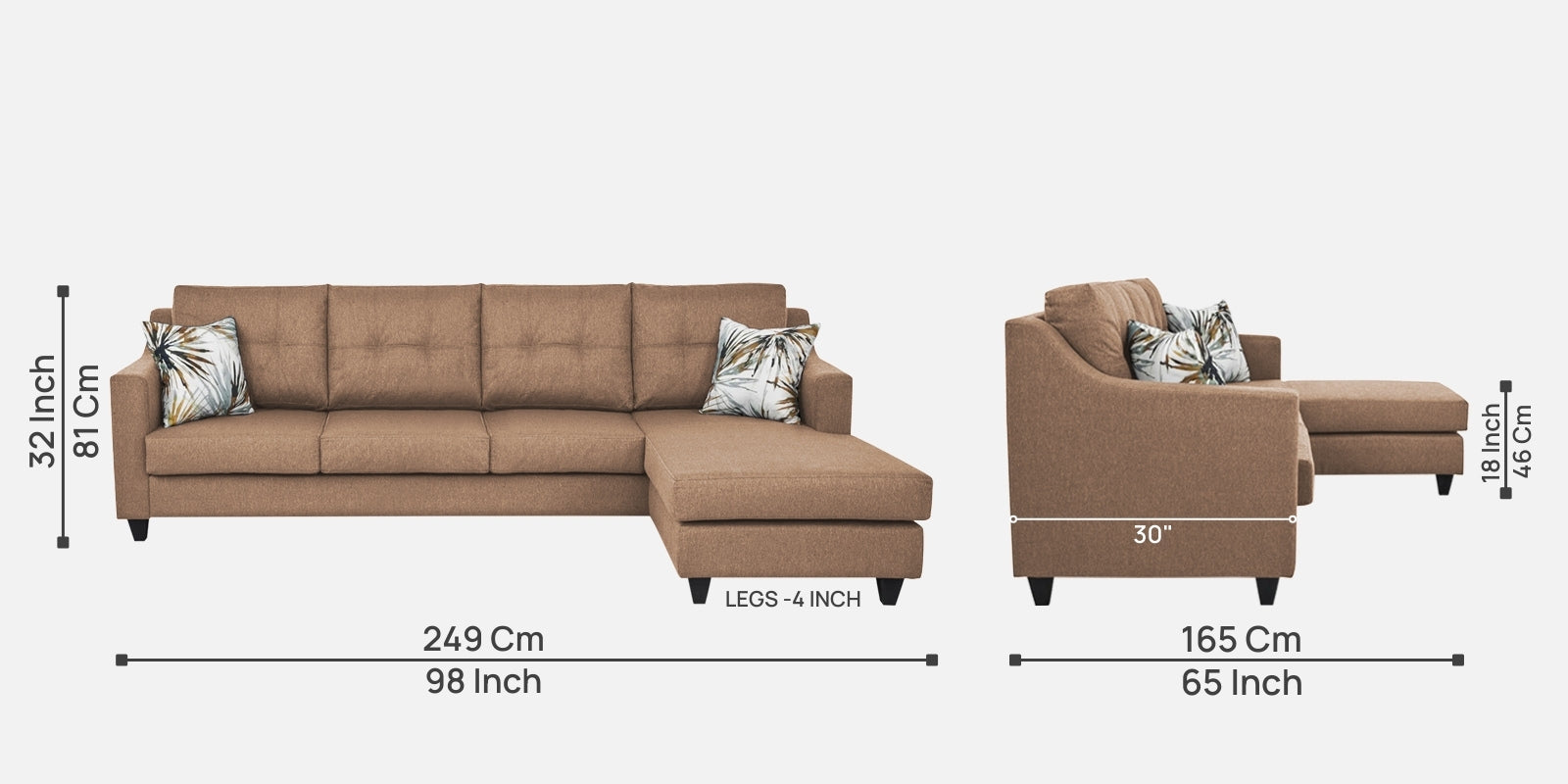 Welly Fabric LHS Sectional Sofa (3+Lounger) In Cosmic Beige Colour - Febonic Living