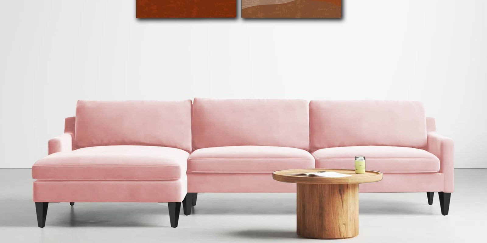 Jones Velvet RHS Sectional Sofa (3+Lounger) In Millennial Pink Colour - Febonic Living