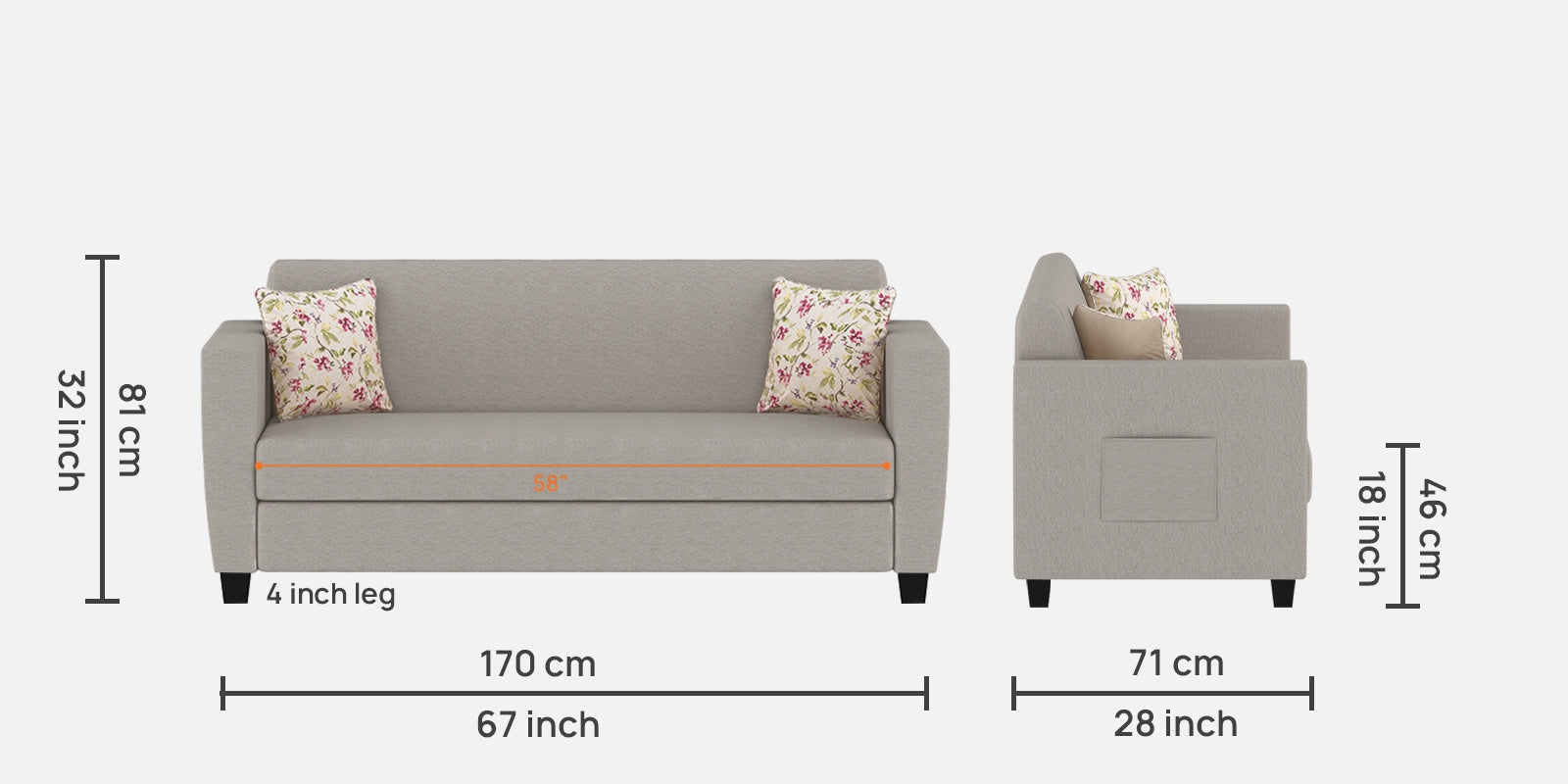 Gozi Fabric 3 Seater Sofa In Ash Grey Colour - Febonic Living