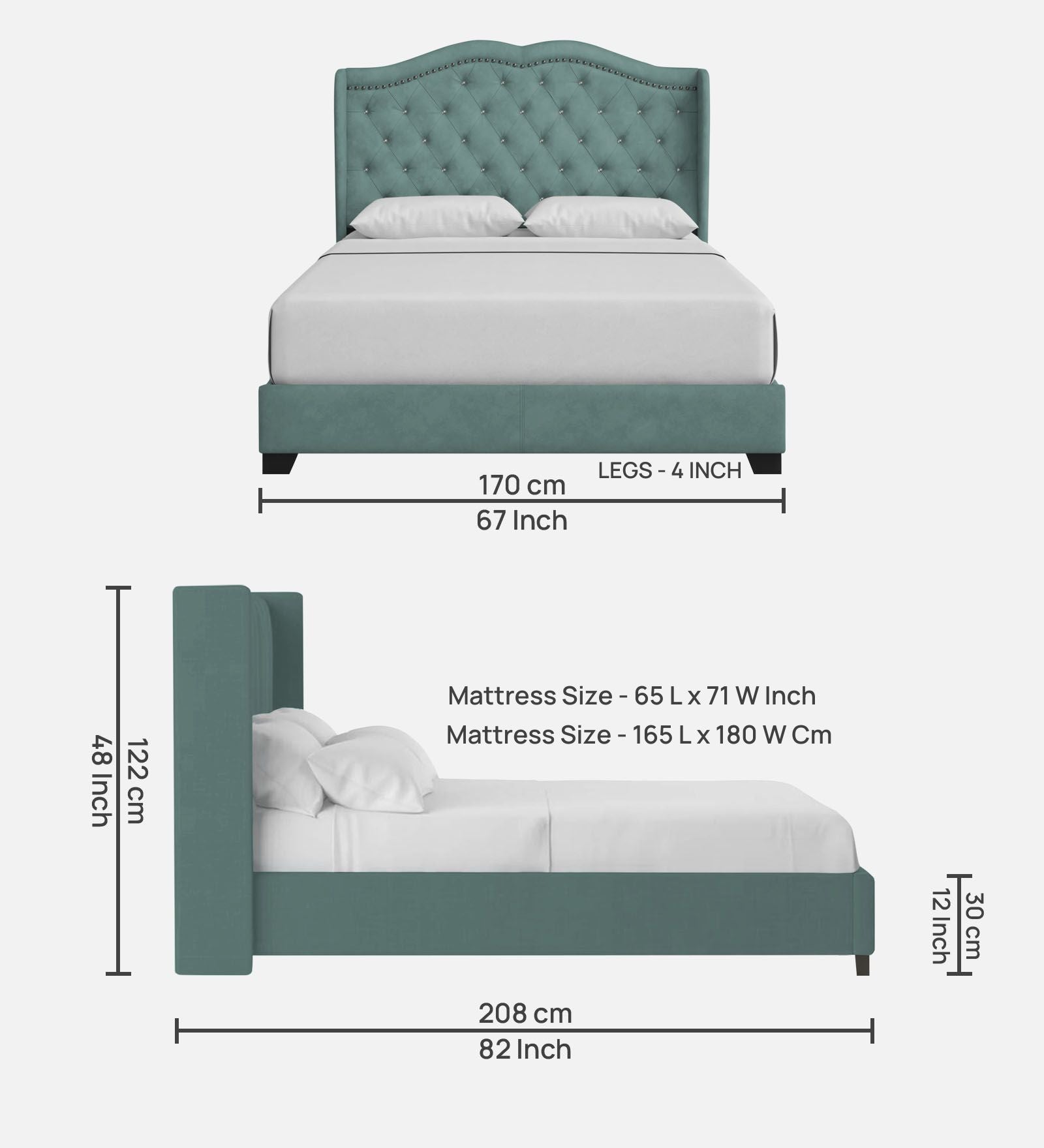 Blake Fabric Queen Size Bed in Suka Blue Colour - Febonic Living