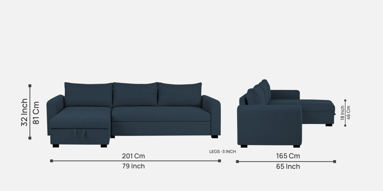 Sigma Fabric RHS Sectional Sofa (3+Lounger) In Denim Blue Colour - Febonic Living