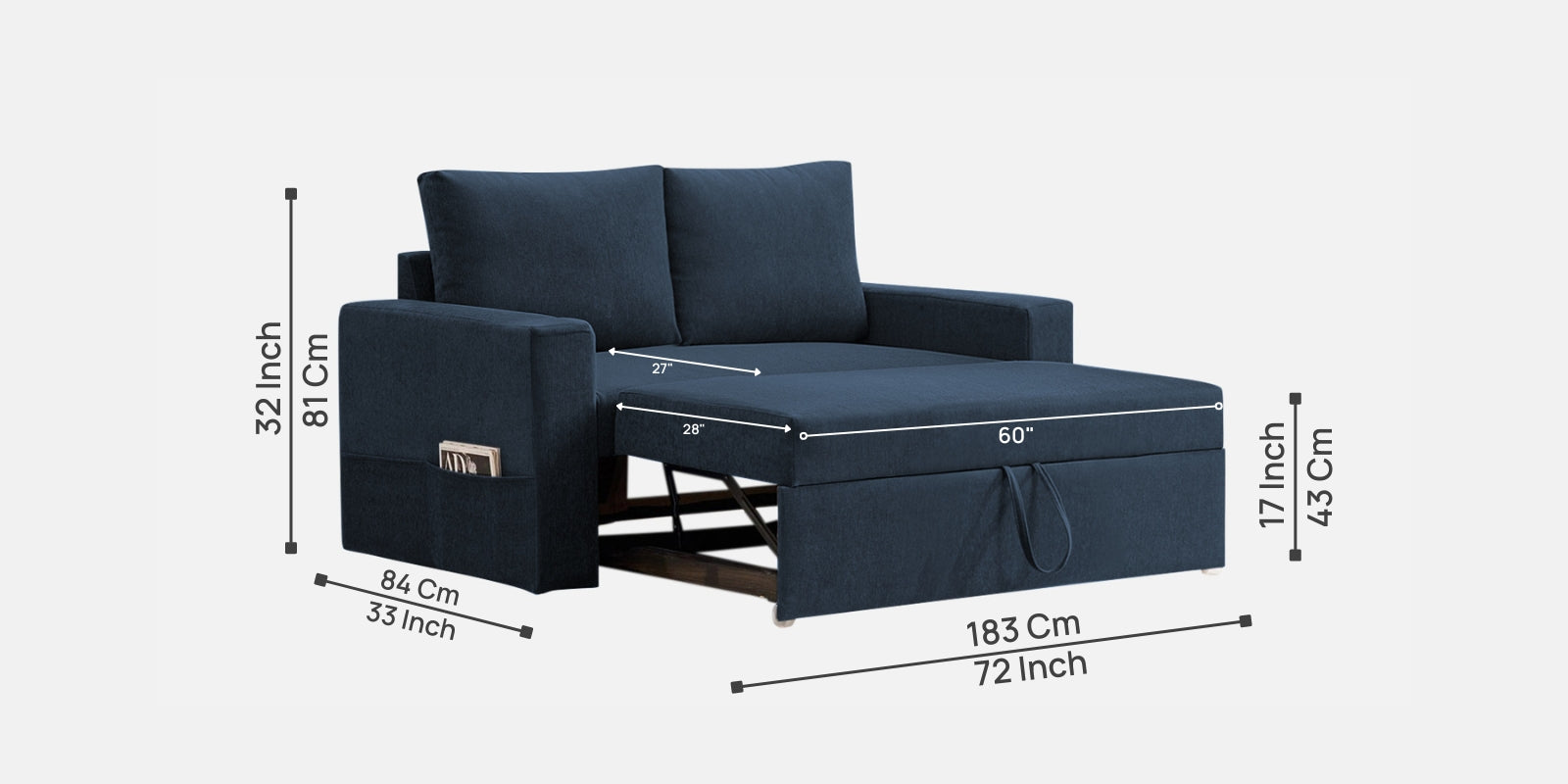 Kara Fabric 2 Seater Pull Out Sofa Cum Bed In Denim Blue Colour - Febonic Living