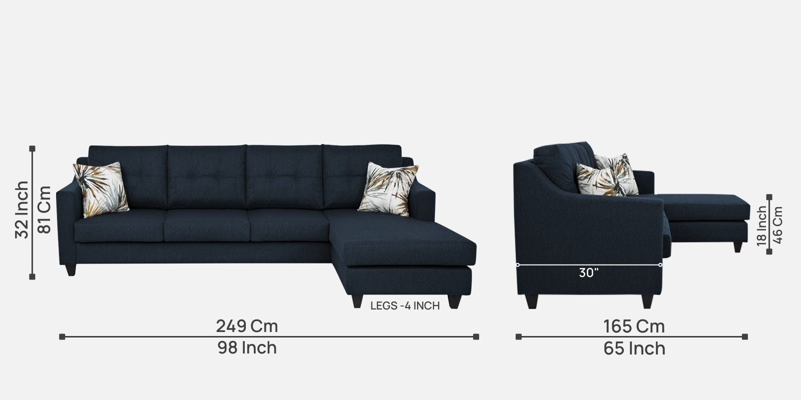 Welly Fabric LHS Sectional Sofa (3+Lounger) In Denim Blue Colour - Febonic Living
