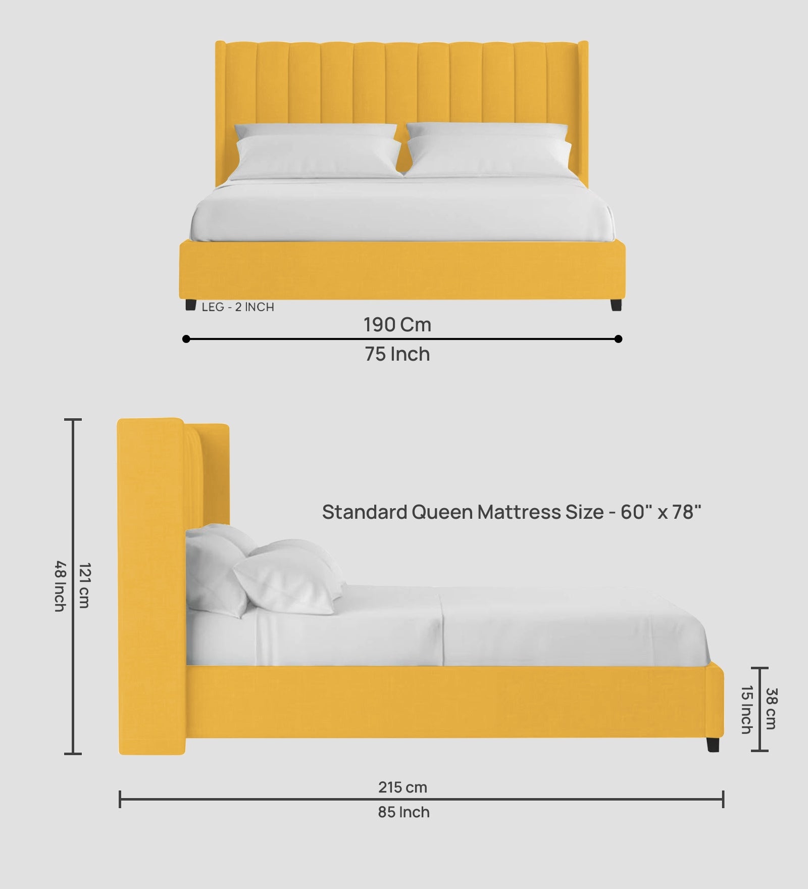 Colina Fabric Queen Size Bed In Bold Yellow Colour With Box Storage - Febonic Living