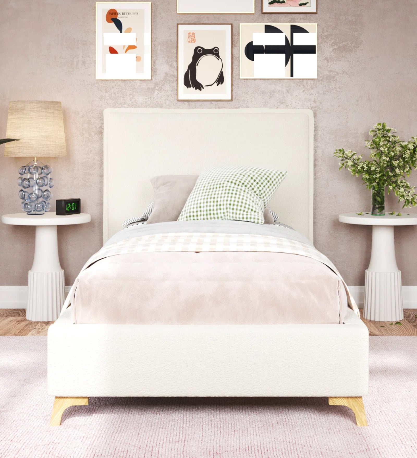Jiva Boucle Fabric Upholstered Single Size Bed in Shell White Colour - Febonic Living