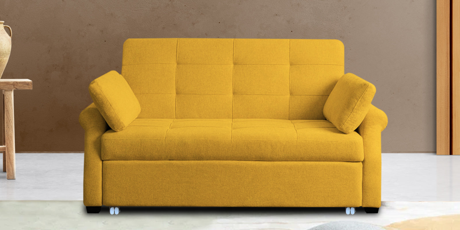 Fornia Fabric 2 Seater Pull Out Sofa Cum Bed In Bold Yellow Colour - Febonic Living