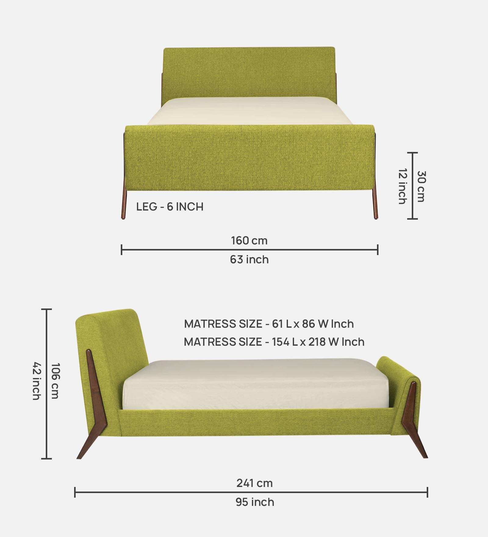 Catla Fabric Queen Size Bed In Parrot Green Colour - Febonic Living