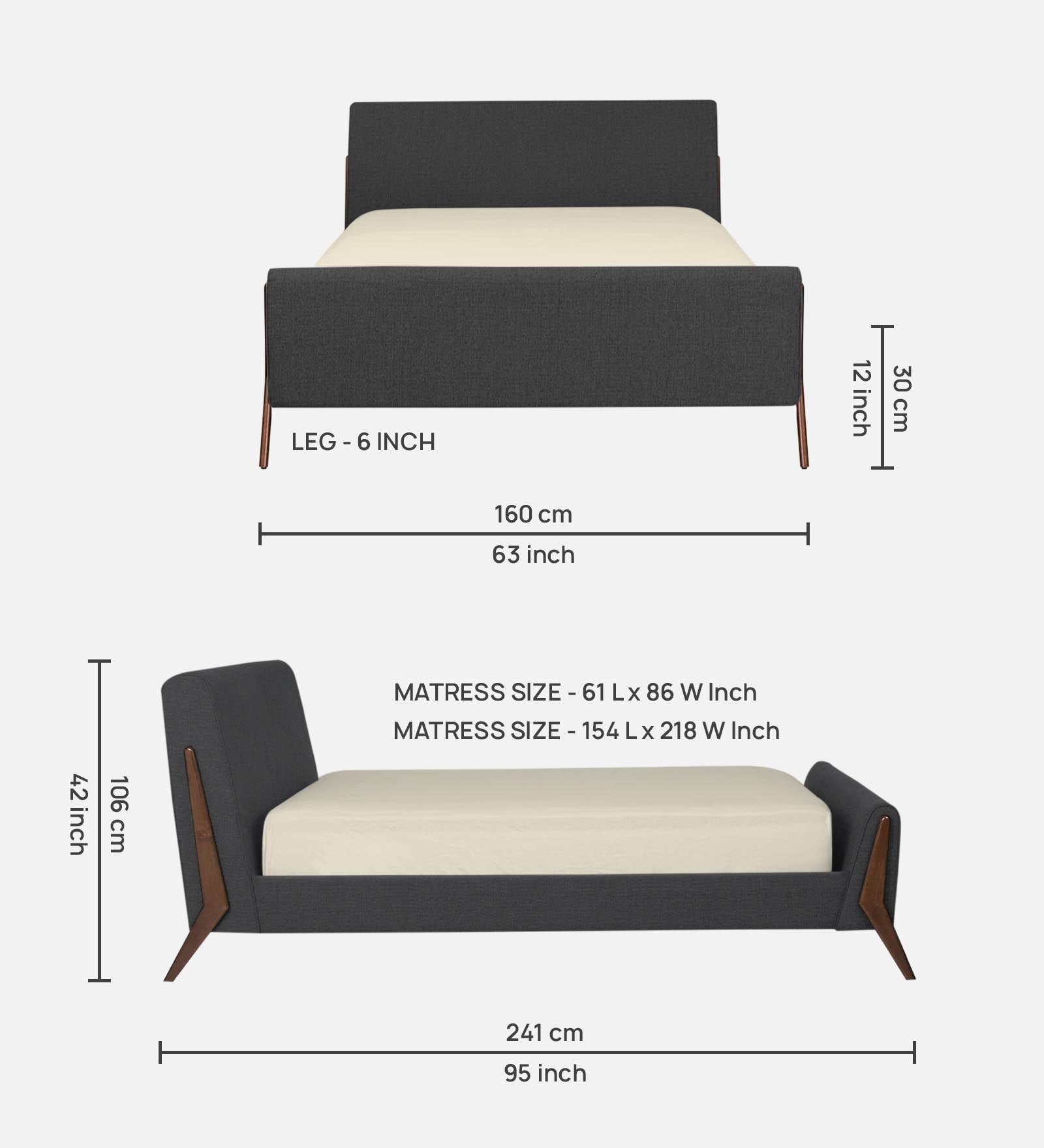 Catla Fabric Queen Size Bed In Charcoal Grey Colour - Febonic Living