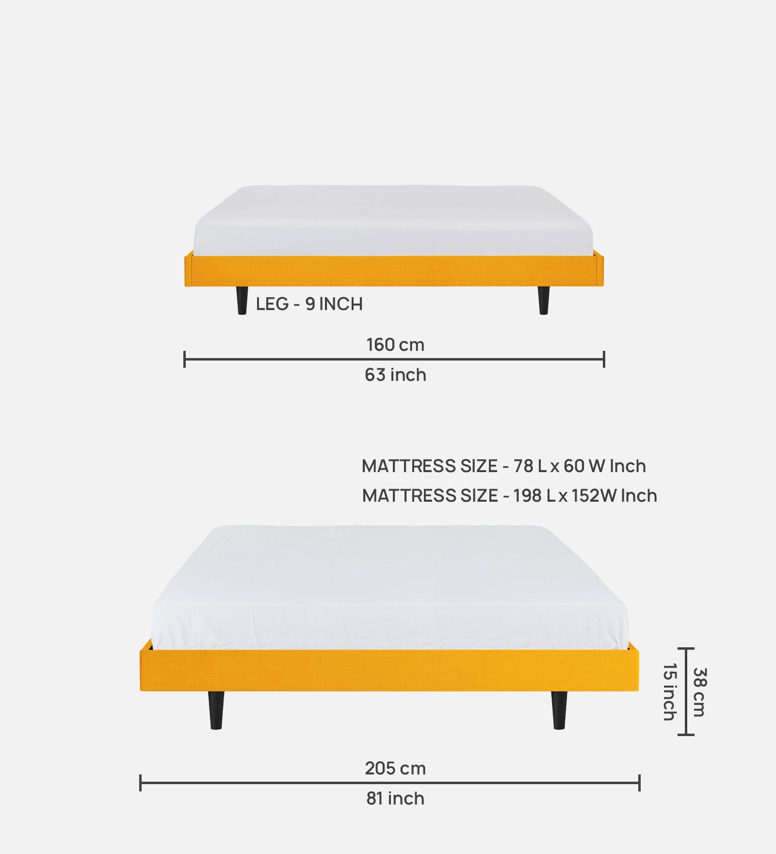 Basi Fabric Queen Size Bed In Bold Yellow Colour - Febonic Living