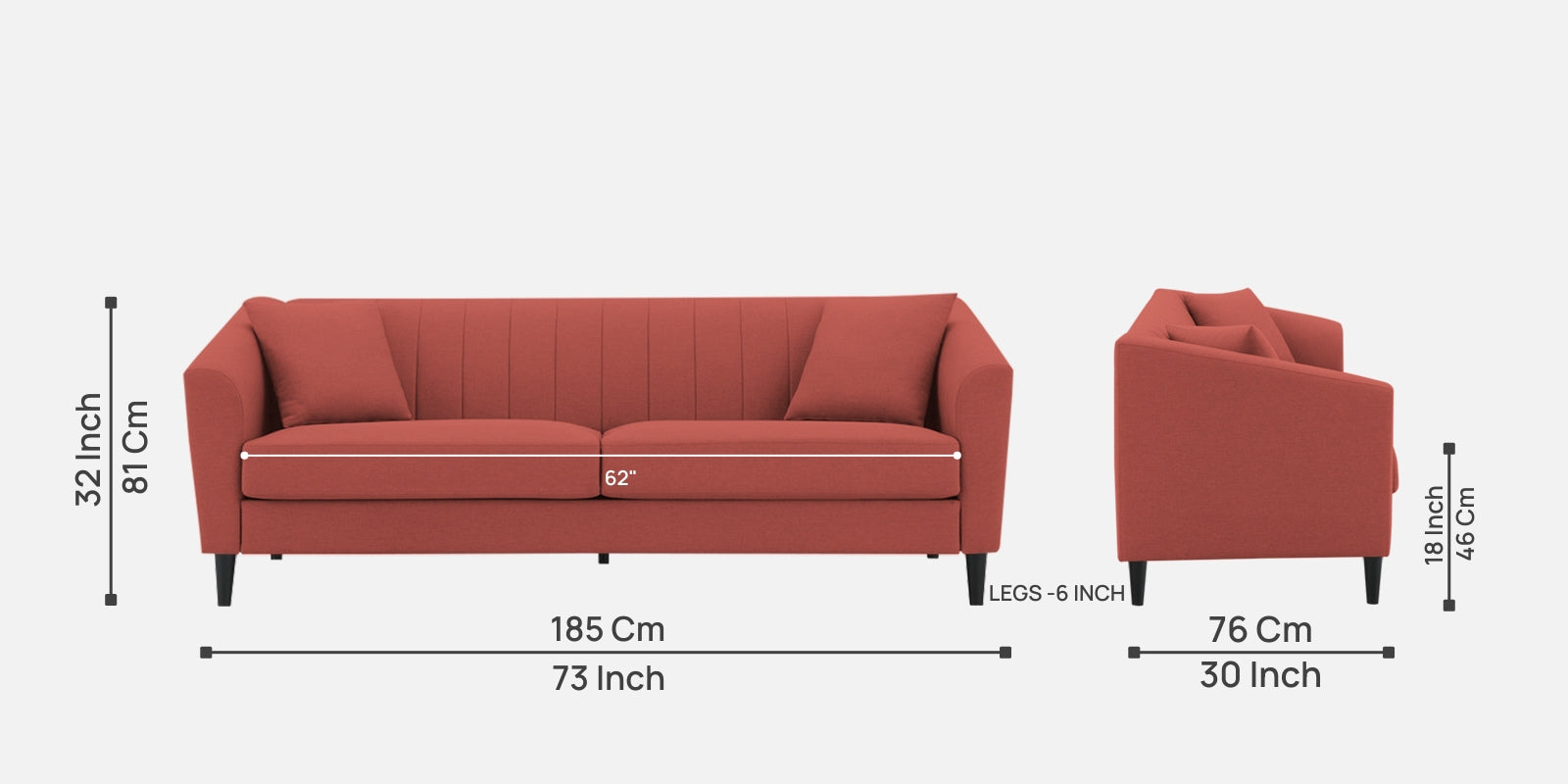 Polon Fabric 3 Seater Sofa In Salmon Pink Colour - Febonic Living