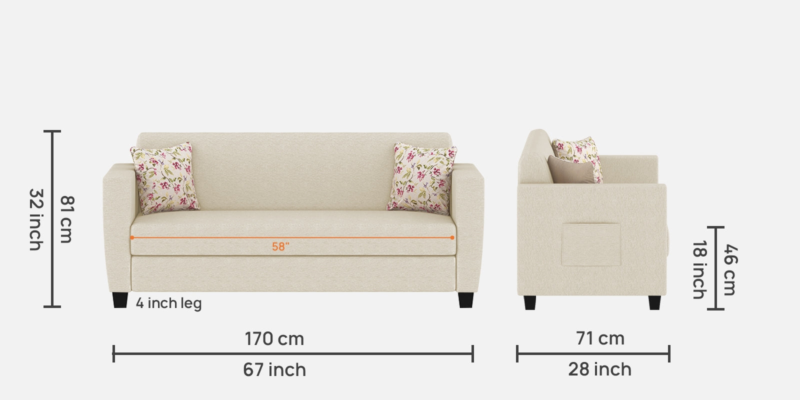 Gozi Fabric 3 Seater Sofa In Ivory Cream Colour - Febonic Living