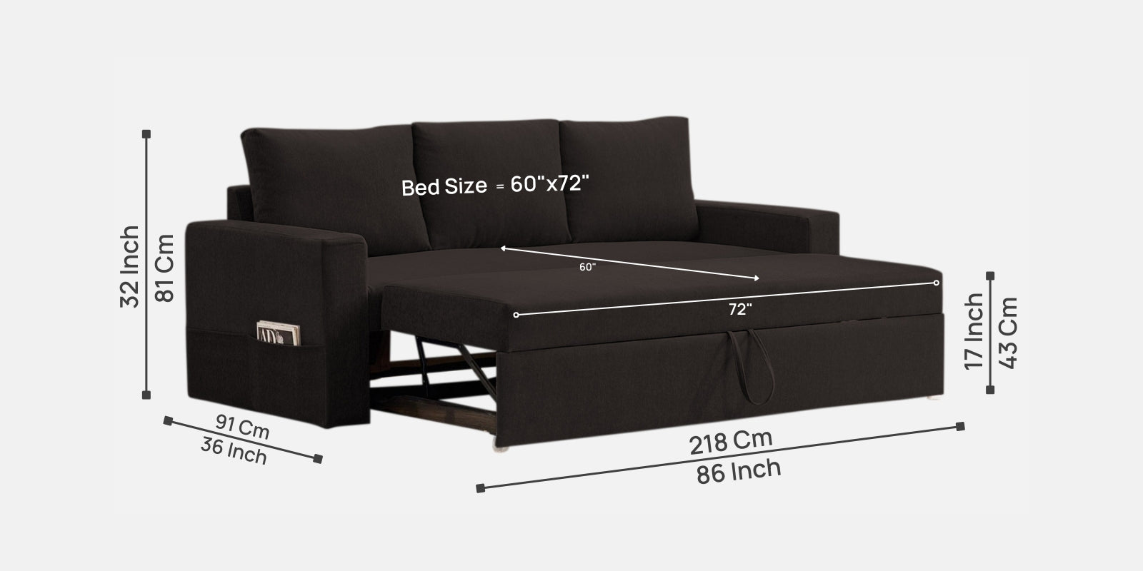 Kara Fabric 3 Seater Pull Out Sofa Cum Bed In Cara Brown Colour - Febonic Living