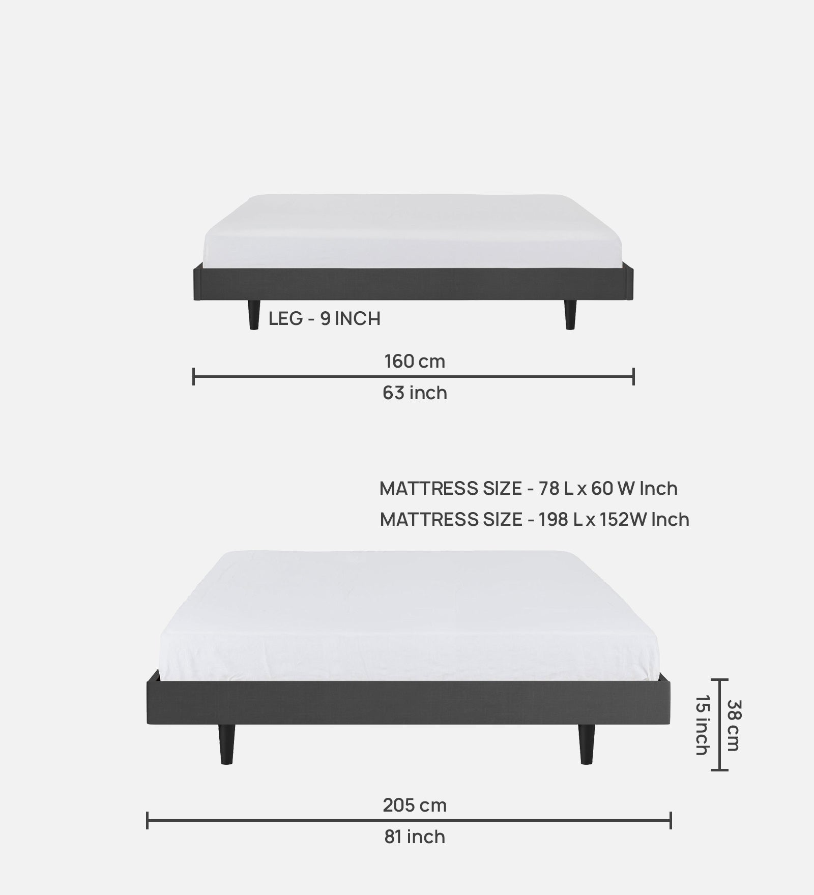 Basi Fabric Queen Size Bed In Charcoal Grey Colour - Febonic Living