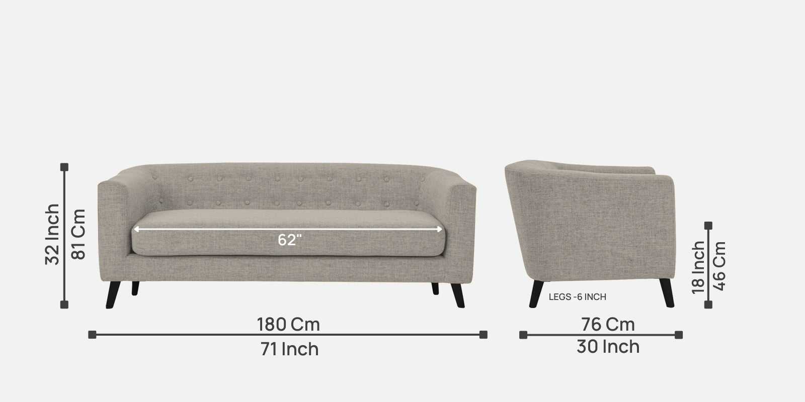 Casper Fabric 3 Seater Sofa In Ash Grey Colour - Febonic Living