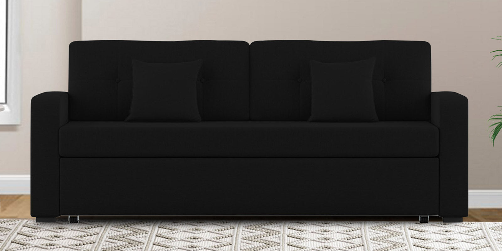 Rocky Fabric 3 Seater Pull Out Sofa Cum Bed In Zed Black Colour With Storage - Febonic Living