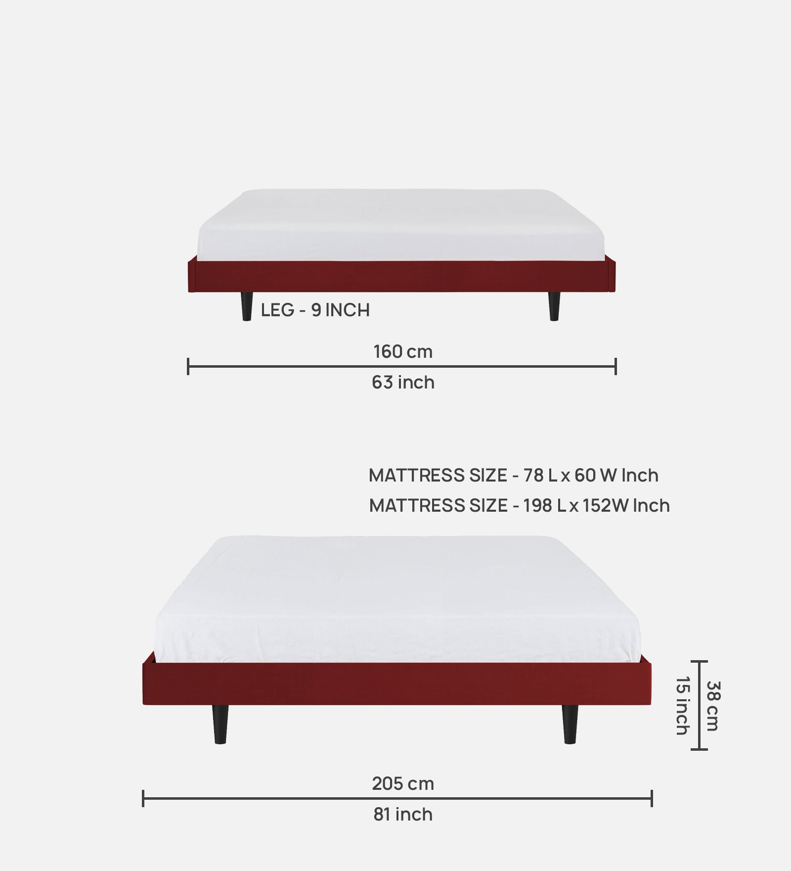 Basi Fabric Queen Size Bed In Blood Maroon Colour - Febonic Living