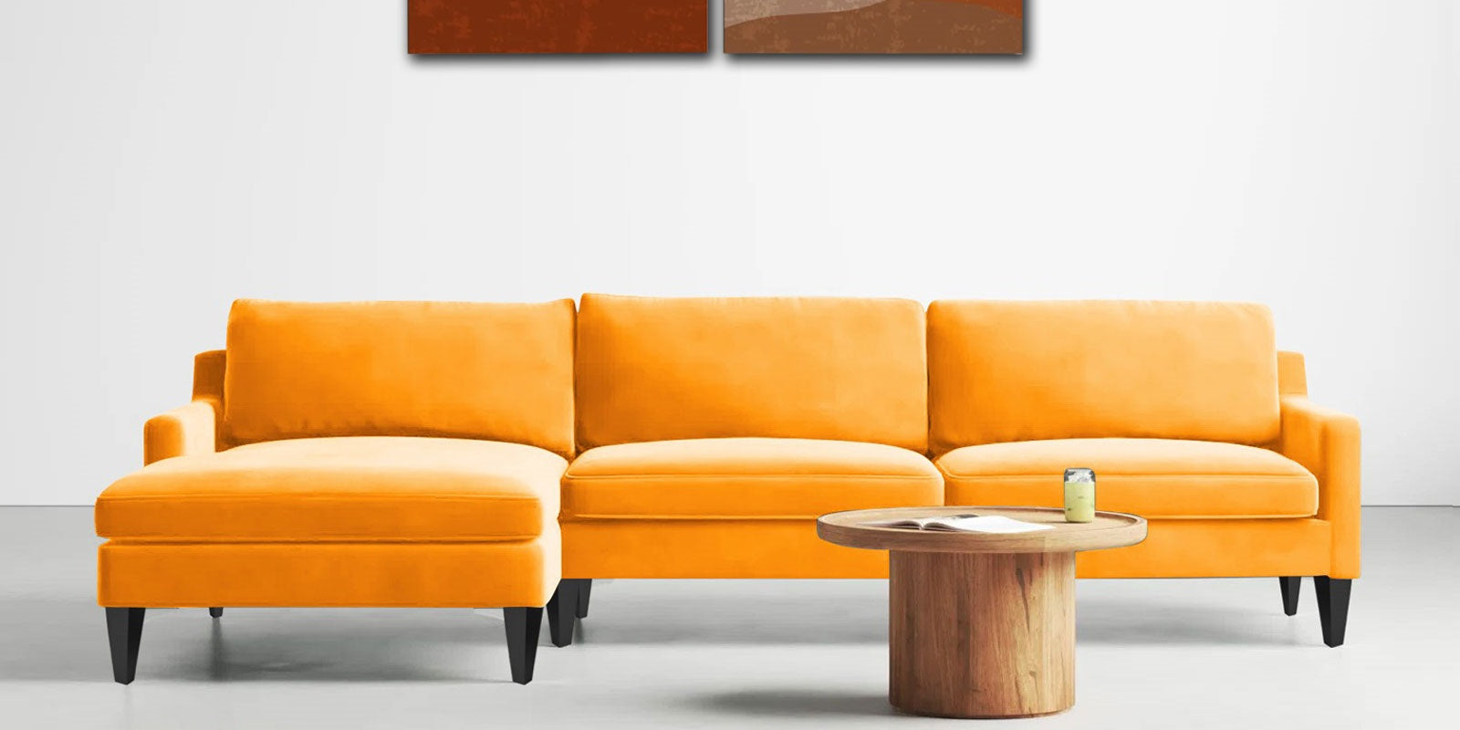 Jones Velvet RHS Sectional Sofa (3+Lounger) In Saffron yellow Colour - Febonic Living