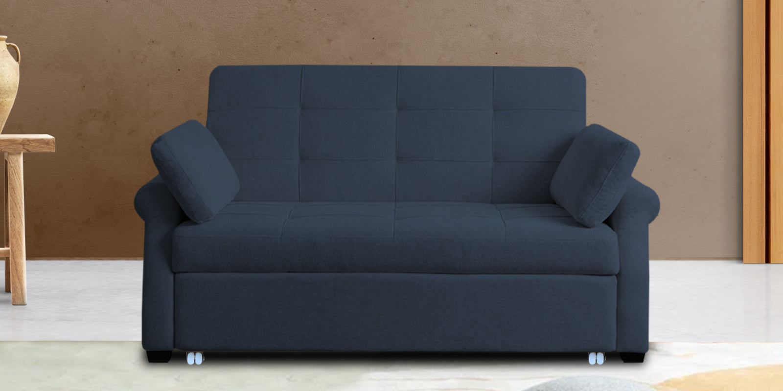 Fornia Fabric 2 Seater Pull Out Sofa Cum Bed In Denim Blue Colour - Febonic Living