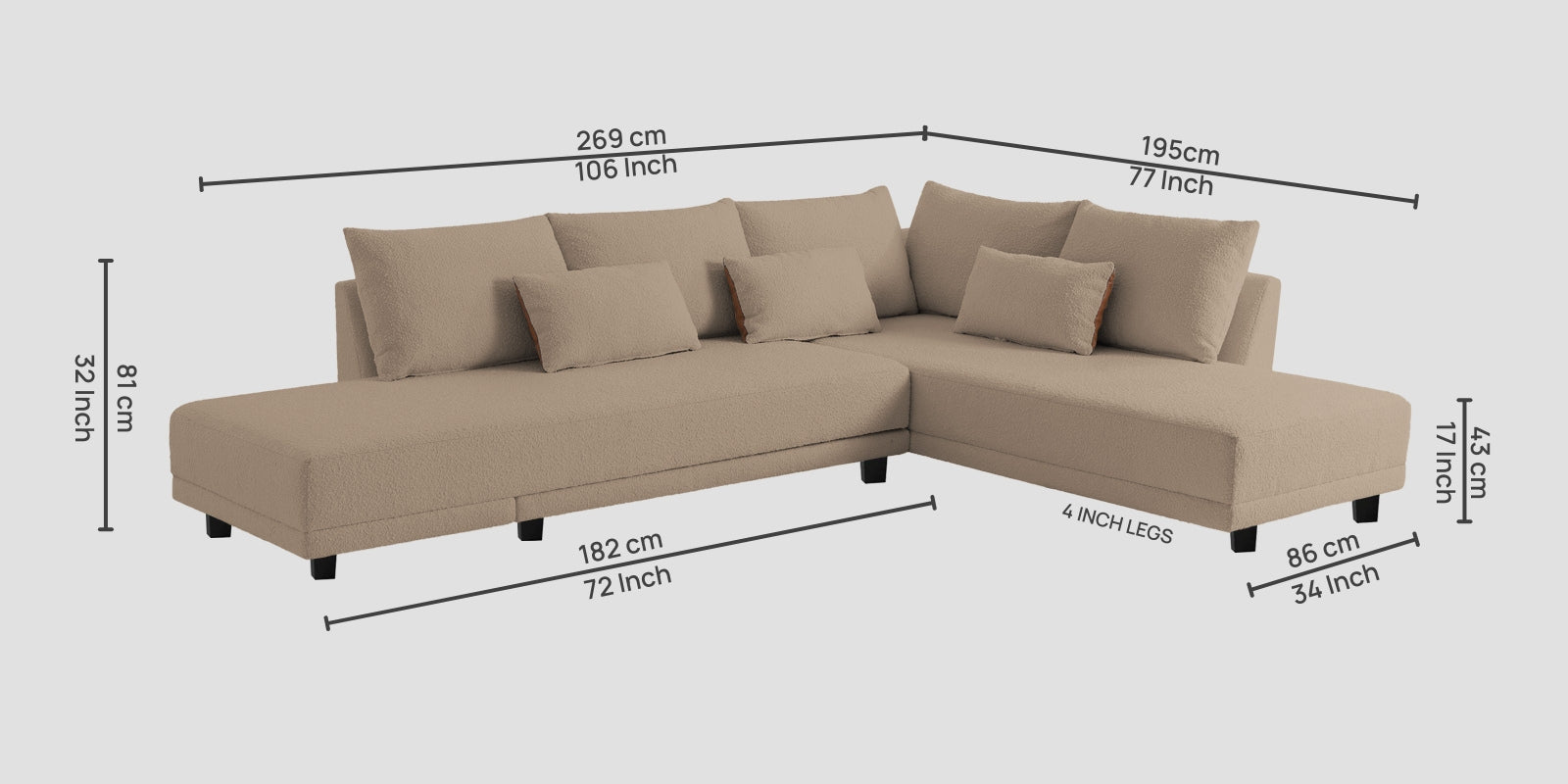 Ira Boucle Fabric LHS 6 Seater Convertible Sofa Cum Bed In Mushroom Beige Colour - Febonic Living