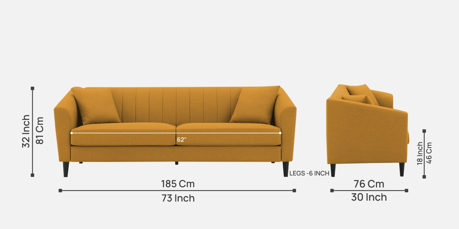 Polon Fabric 3 Seater Sofa In Corn Yellow Colour - Febonic Living
