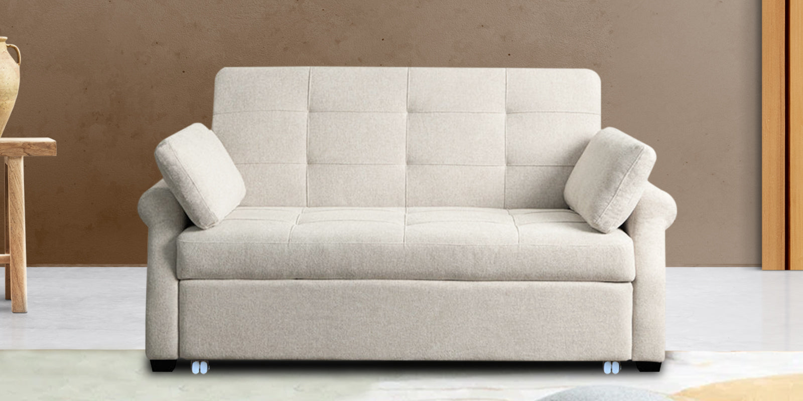 Fornia Fabric 3 Seater Pull Out Sofa Cum Bed In Ivory Cream Colour - Febonic Living