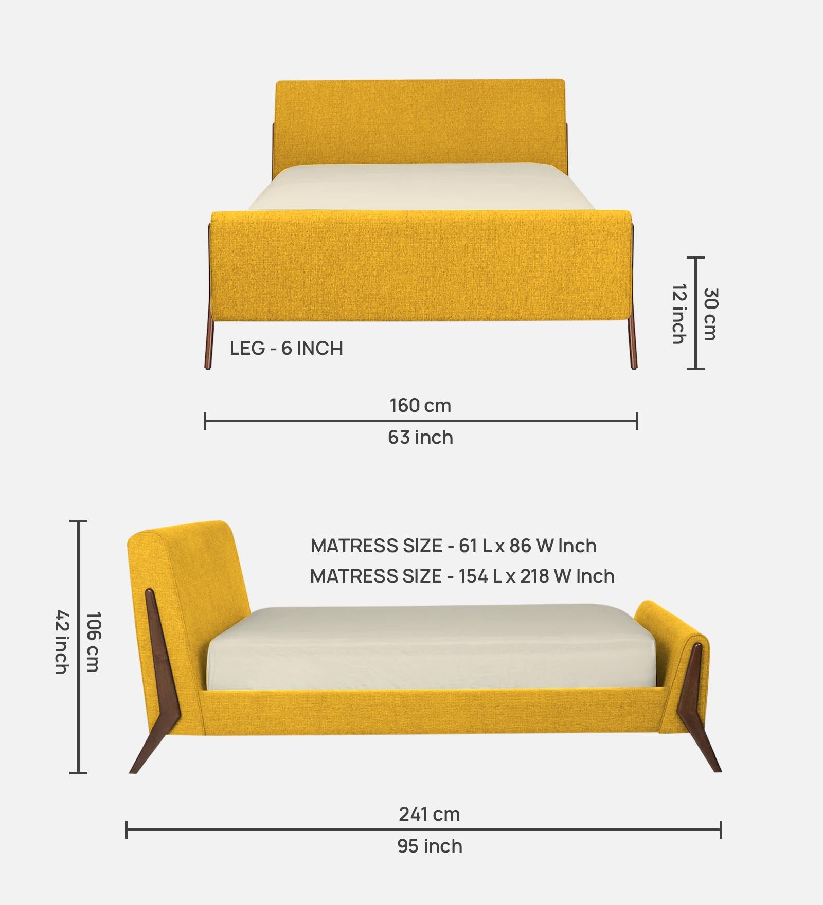 Catla Fabric Queen Size Bed In Bold Yellow Colour - Febonic Living