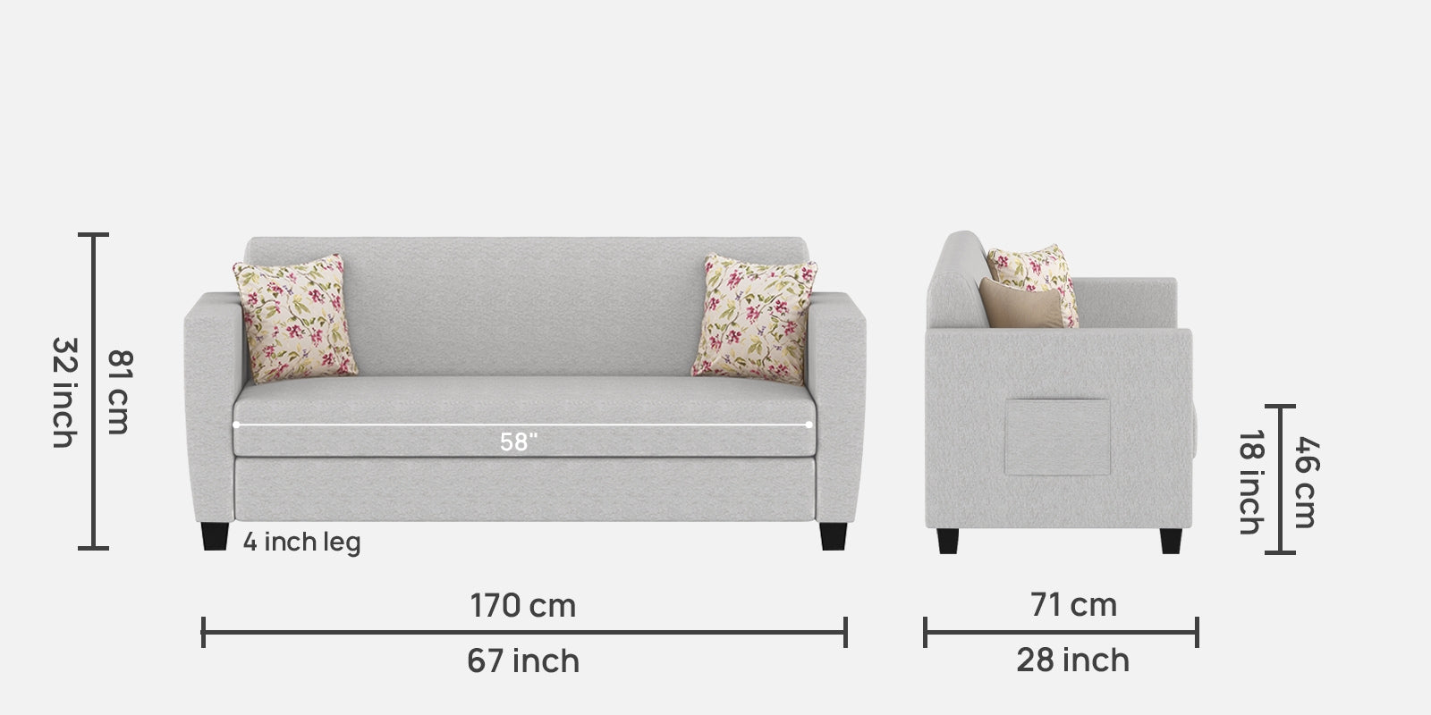 Gozi Fabric 3 Seater Sofa In Lit Grey Colour - Febonic Living