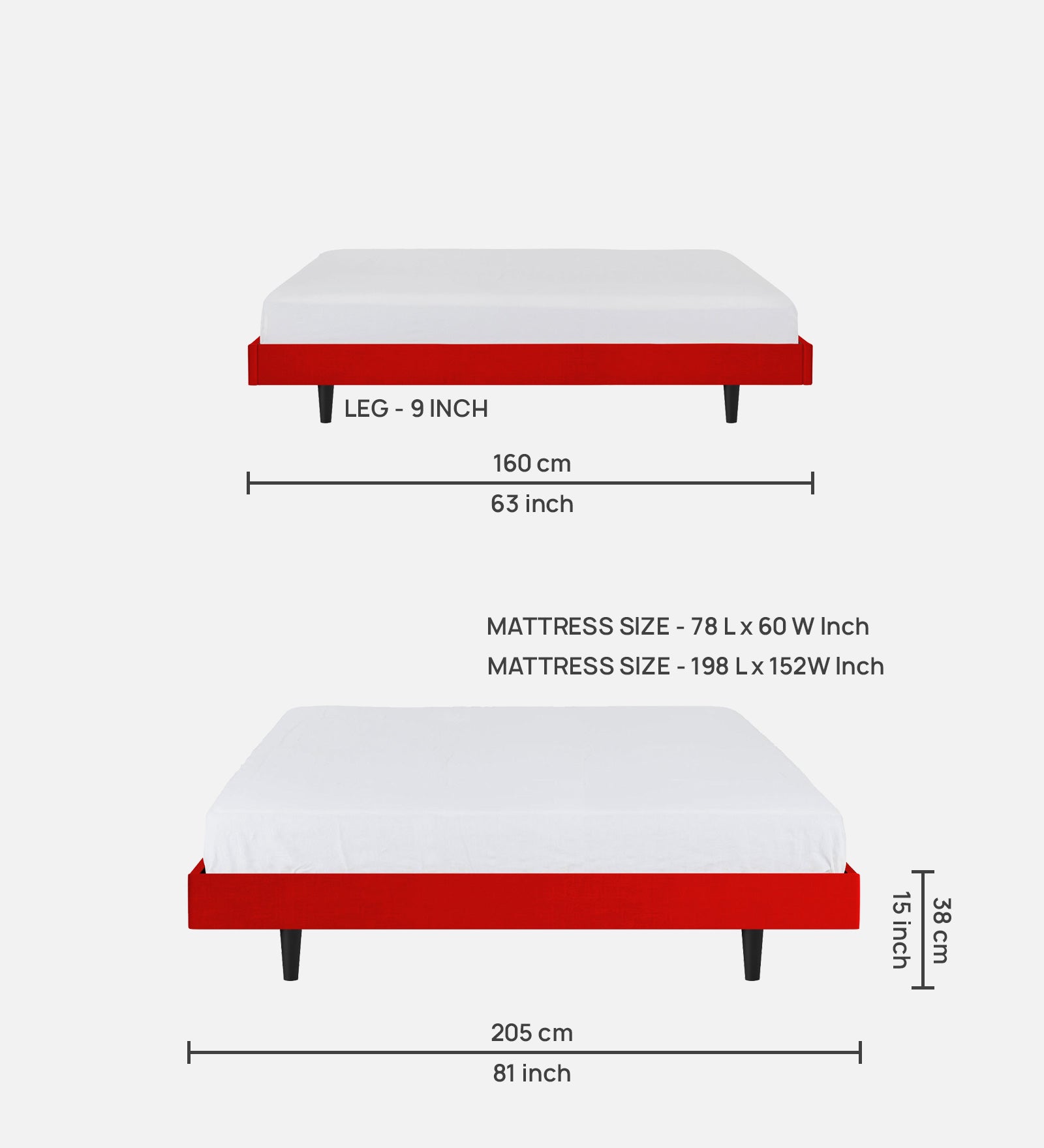 Basi Fabric Queen Size Bed In Ruby Red Colour - Febonic Living