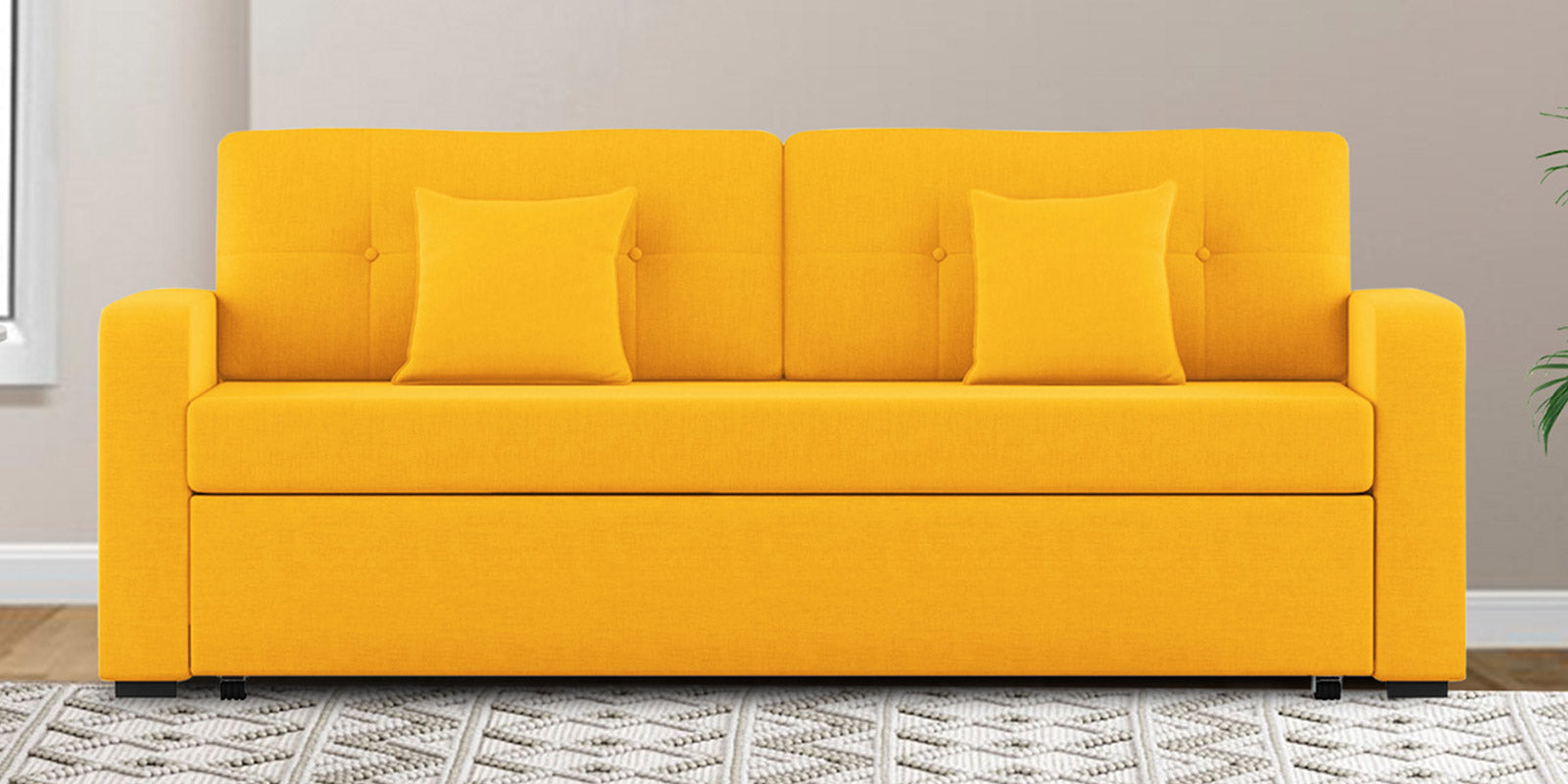 Rocky Fabric 3 Seater Pull Out Sofa Cum Bed In Bold Yellow Colour With Storage - Febonic Living