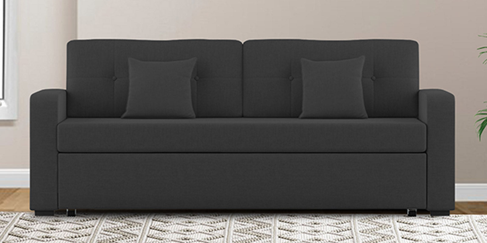 Rocky Fabric 3 Seater Pull Out Sofa Cum Bed In Charcoal Grey Colour With Storage - Febonic Living