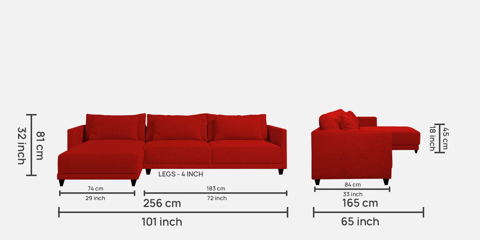 Kera Fabric RHS Sectional Sofa (3+Lounger) In Ruby Red Colour - Febonic Living
