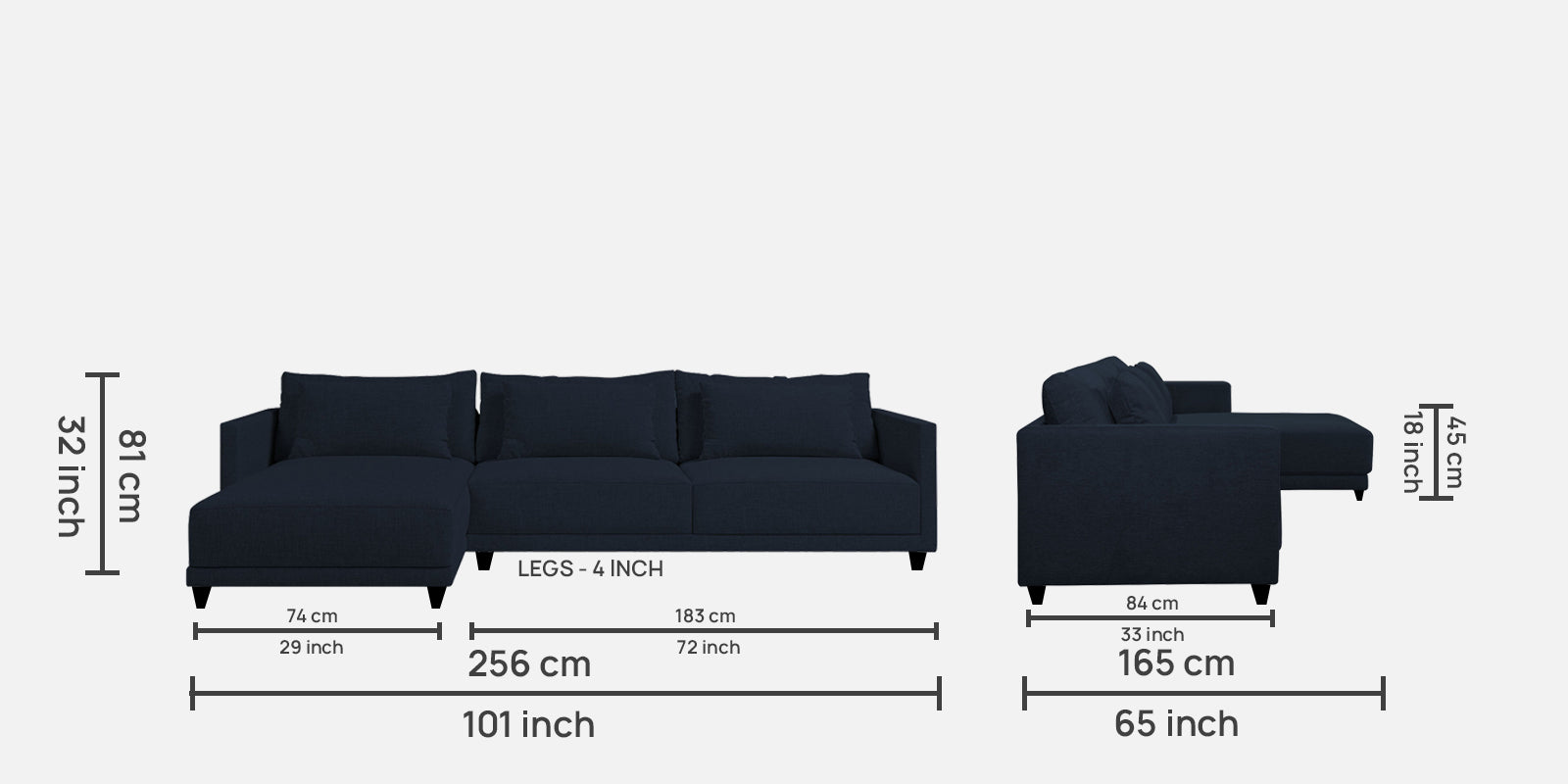 Kera Fabric RHS Sectional Sofa (3+Lounger) In Denim Blue Colour - Febonic Living