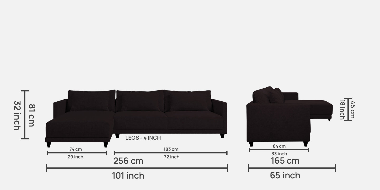 Kera Fabric RHS Sectional Sofa (3+Lounger) In Cara Brown Colour - Febonic Living