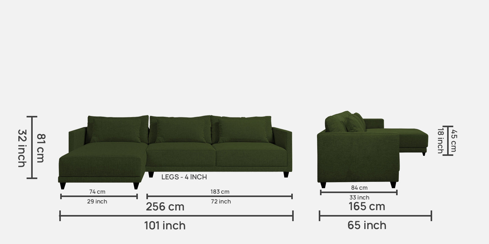 Kera Fabric RHS Sectional Sofa (3+Lounger) In Olive Green Colour - Febonic Living