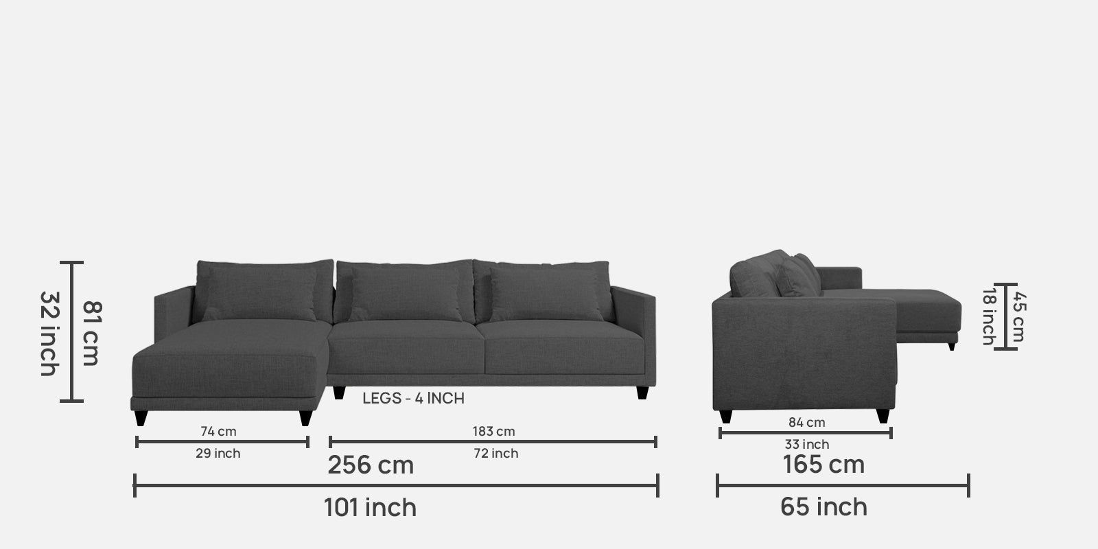 Kera Fabric RHS Sectional Sofa (3+Lounger) In Charcoal Grey Colour - Febonic Living