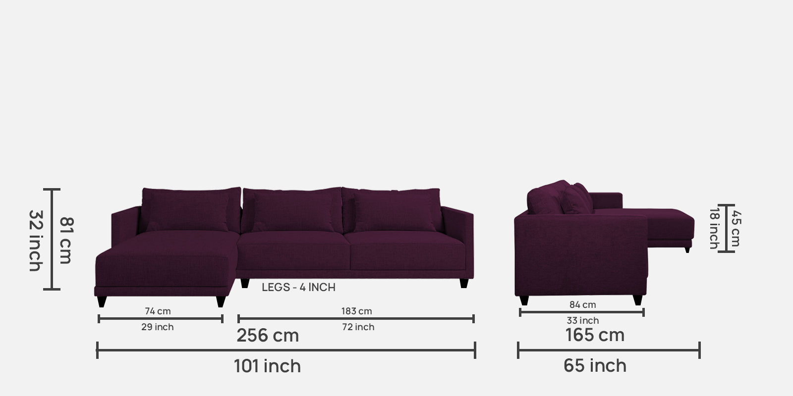 Kera Fabric RHS Sectional Sofa (3+Lounger) In Greek Purple Colour - Febonic Living