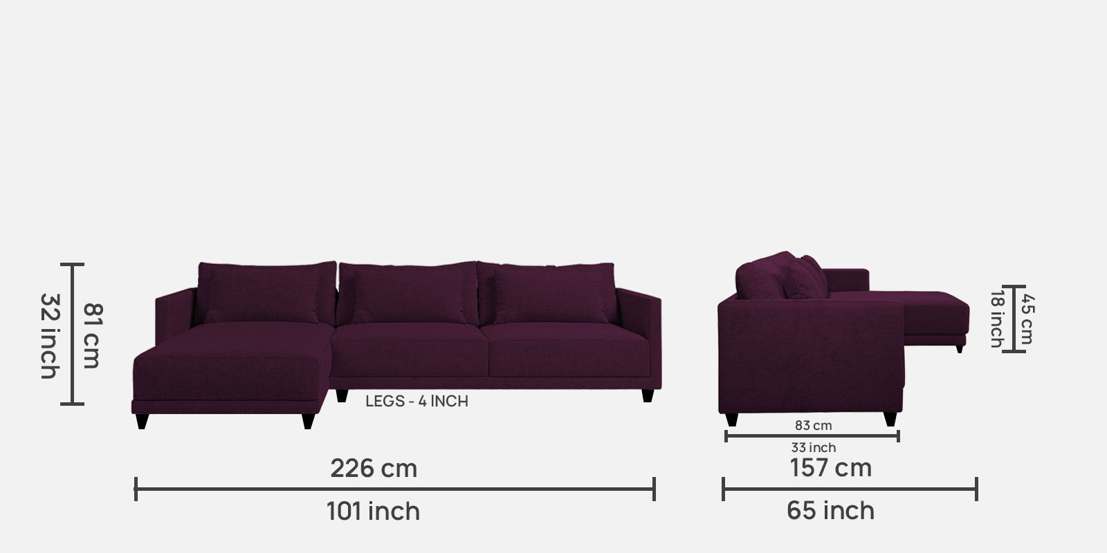 Kera Fabric RHS Sectional Sofa (3+Lounger) In Greek Purple Colour - Febonic Living